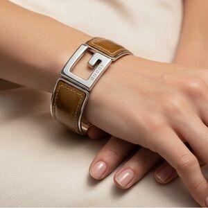 Gucci Bronze Leather and Silver G Bracelet
